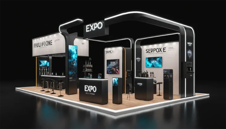 A modern expo booth with sleek product displays (vapes), LED lights, and visitors engaging.