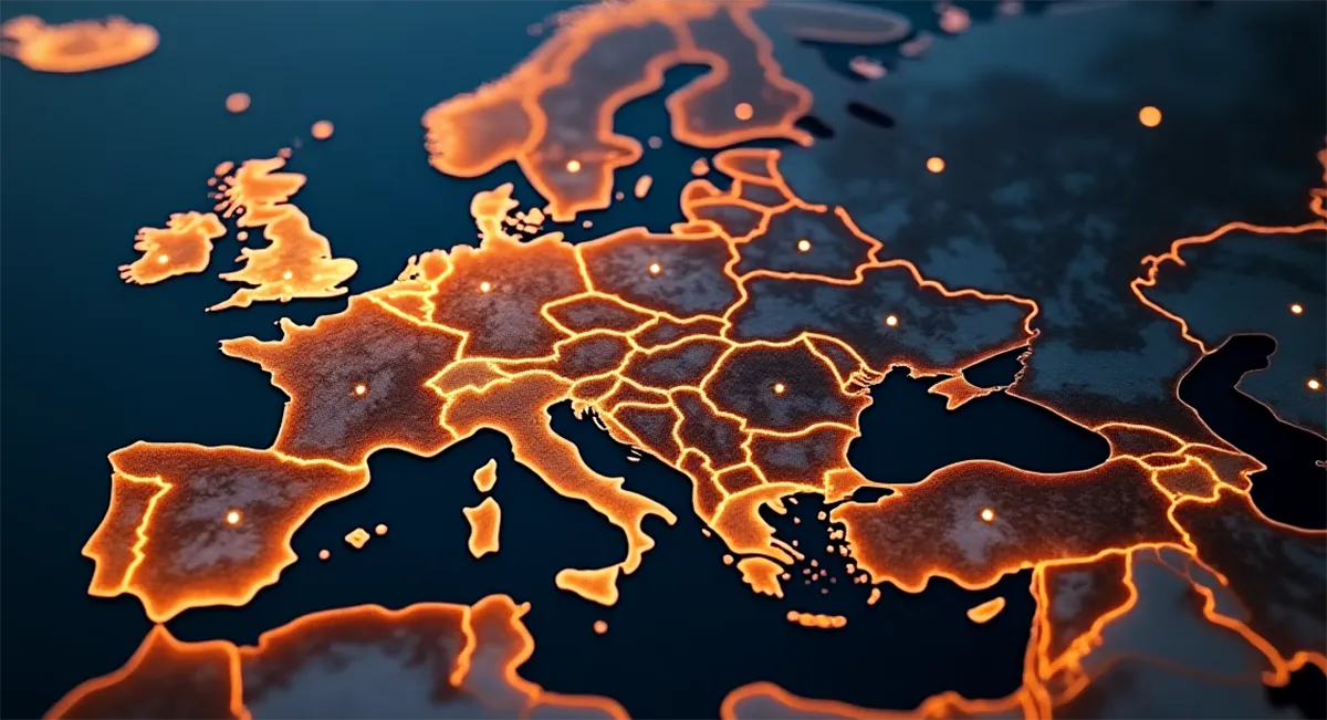A glowing map of Europe with expo points lighting up in key cities